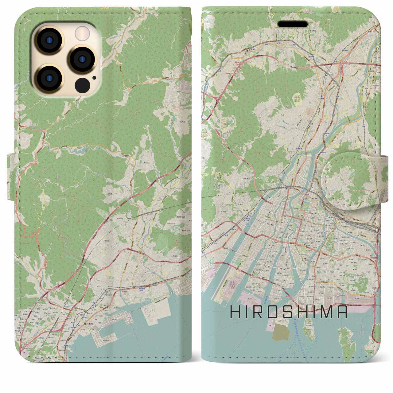 【広島】地図柄iPhoneケース（手帳両面タイプ・ナチュラル）iPhone 12 Pro Max 用