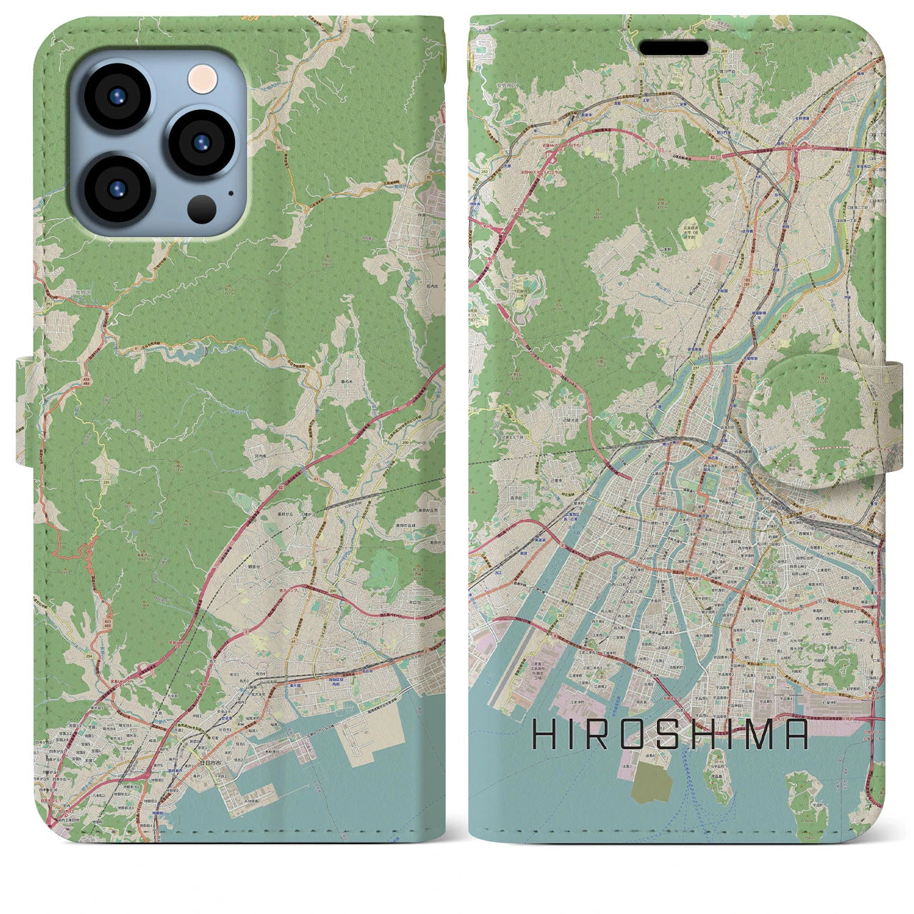 【広島】地図柄iPhoneケース（手帳両面タイプ・ナチュラル）iPhone 13 Pro Max 用