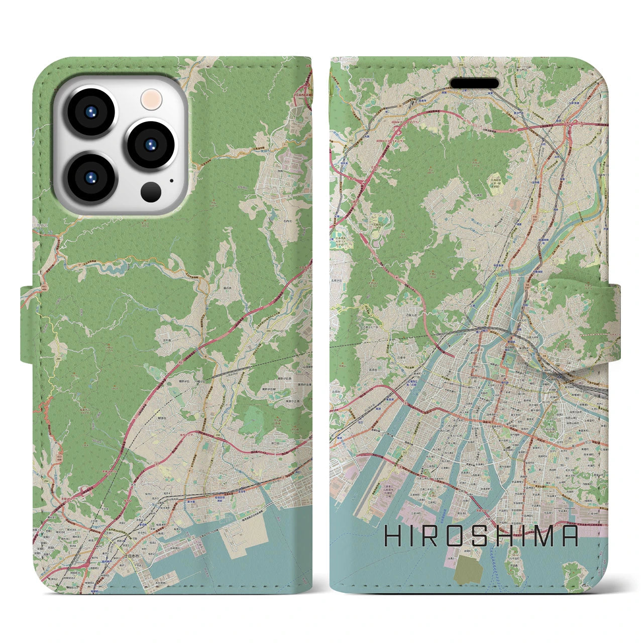 【広島】地図柄iPhoneケース（手帳両面タイプ・ナチュラル）iPhone 13 Pro 用