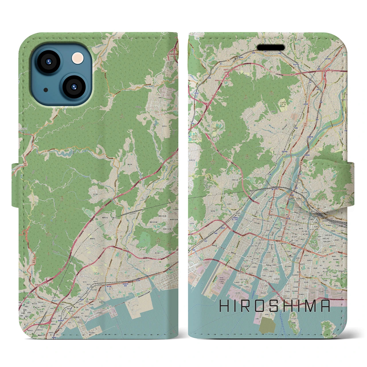 【広島】地図柄iPhoneケース（手帳両面タイプ・ナチュラル）iPhone 13 用