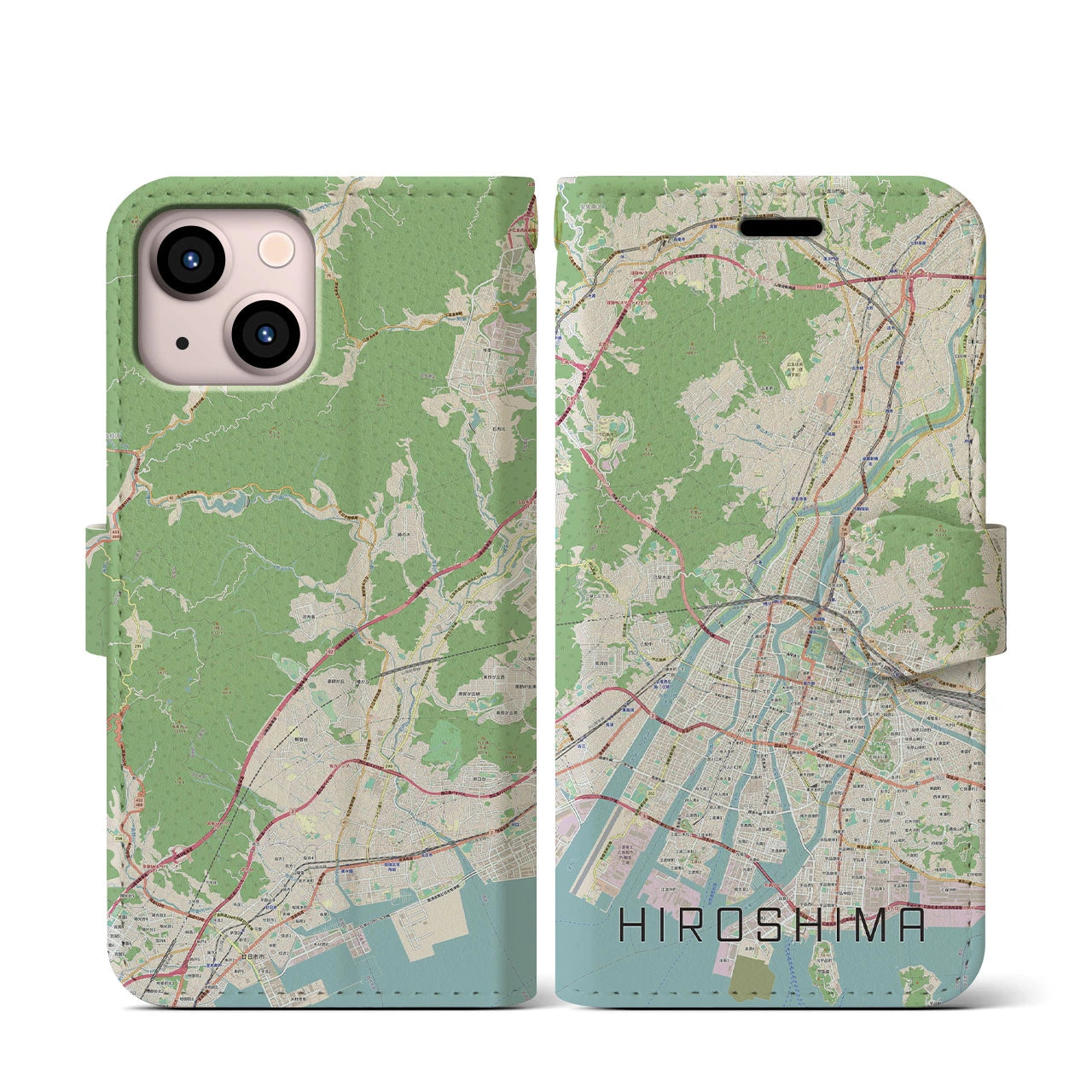 【広島】地図柄iPhoneケース（手帳両面タイプ・ナチュラル）iPhone 13 mini 用