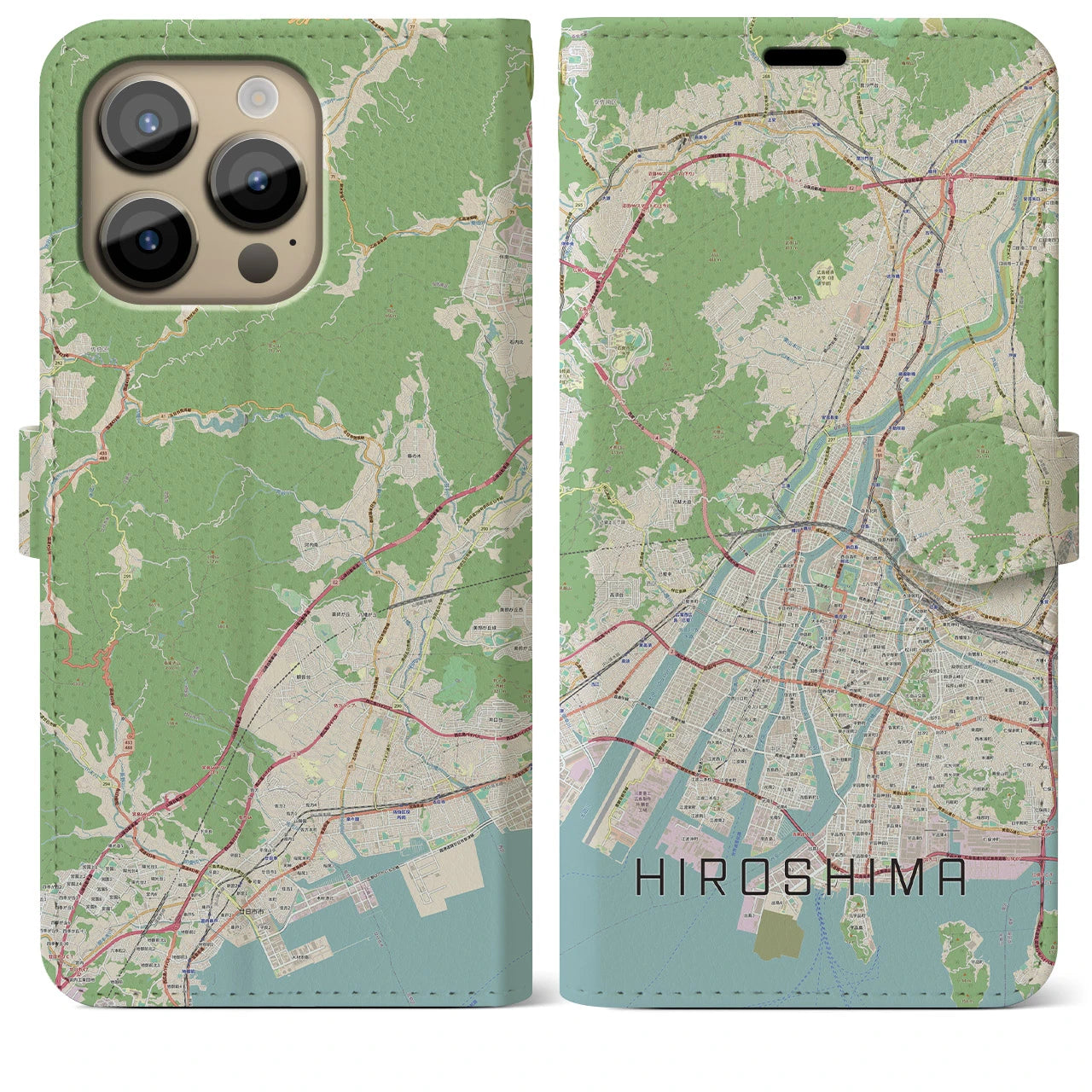 【広島】地図柄iPhoneケース（手帳両面タイプ・ナチュラル）iPhone 14 Pro Max 用