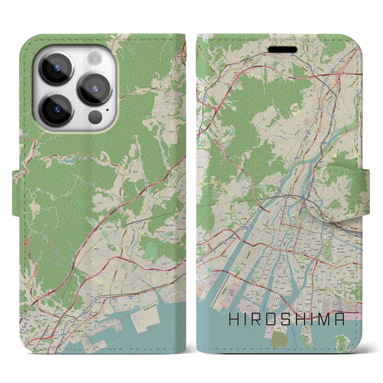 【広島】地図柄iPhoneケース（手帳両面タイプ・ナチュラル）iPhone 14 Pro 用
