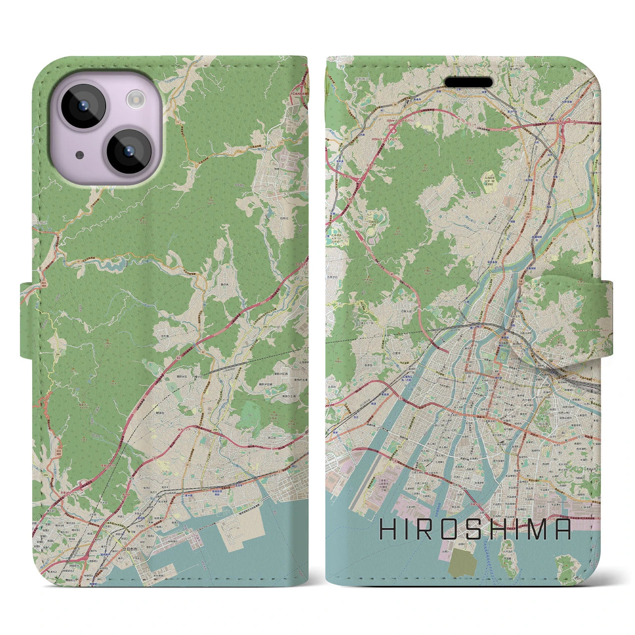 【広島】地図柄iPhoneケース（手帳両面タイプ・ナチュラル）iPhone 14 用