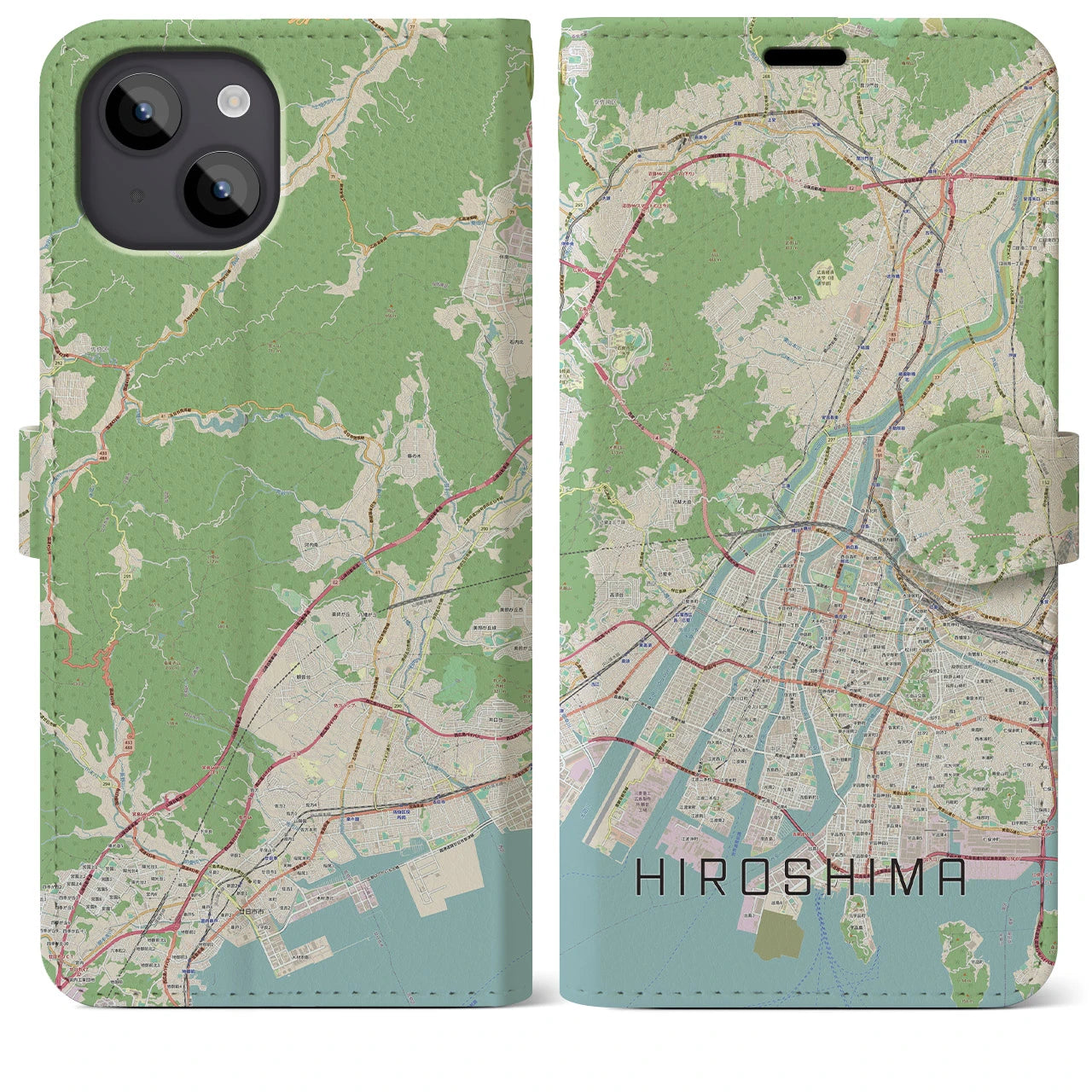 【広島】地図柄iPhoneケース（手帳両面タイプ・ナチュラル）iPhone 14 Plus 用