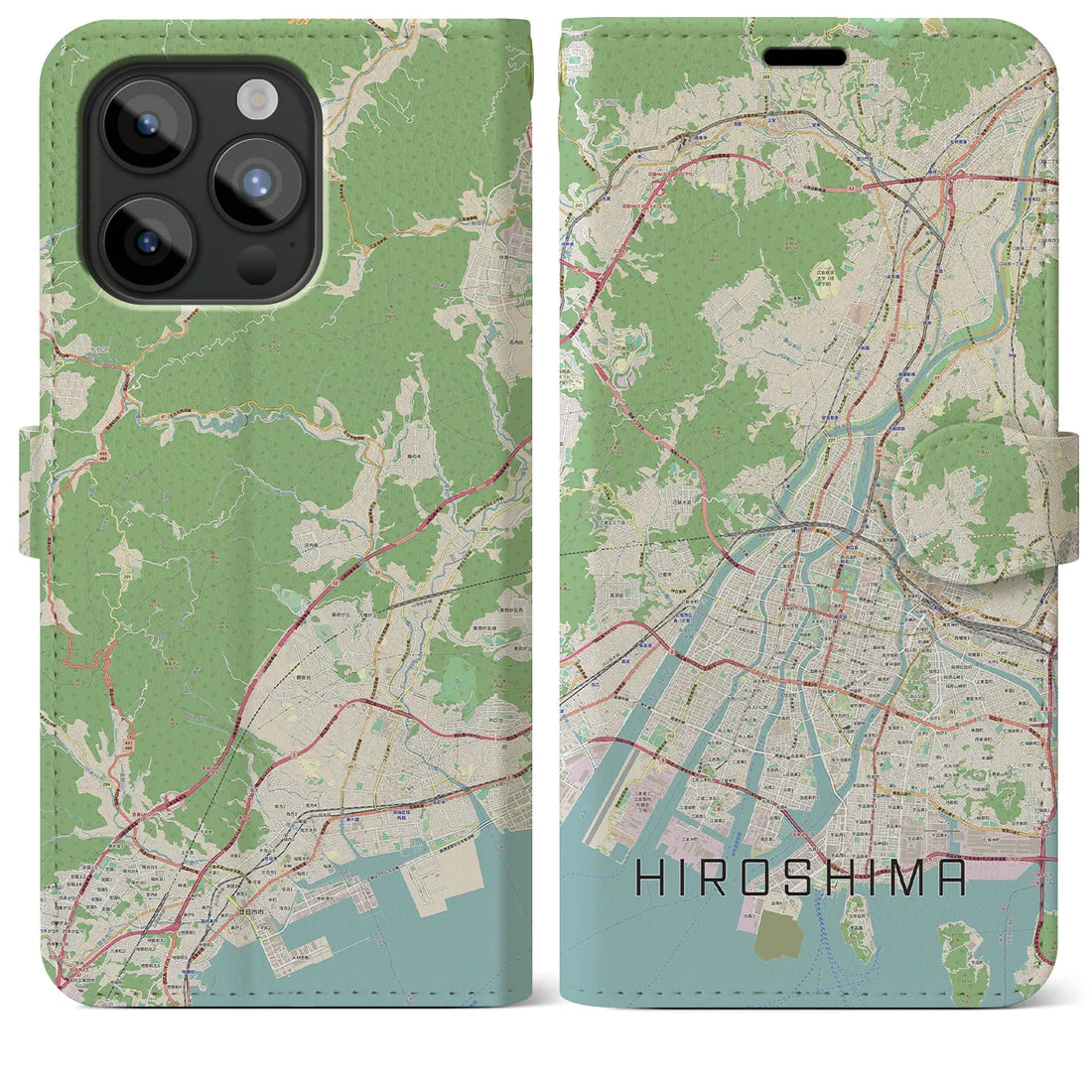 【広島】地図柄iPhoneケース（手帳両面タイプ・ナチュラル）iPhone 15 Pro Max 用
