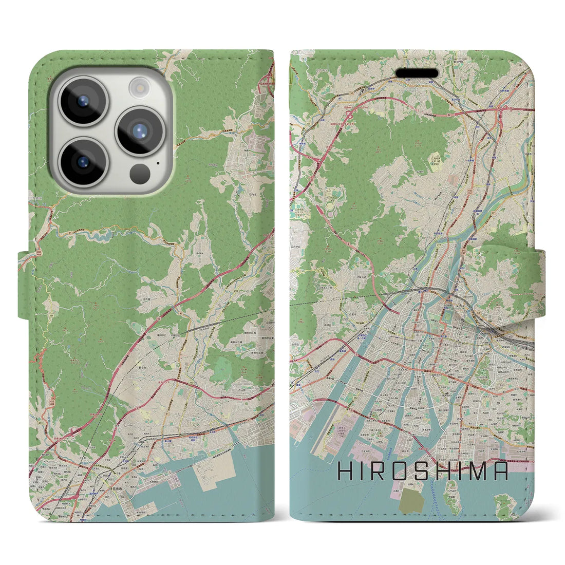 【広島】地図柄iPhoneケース（手帳両面タイプ・ナチュラル）iPhone 15 Pro 用