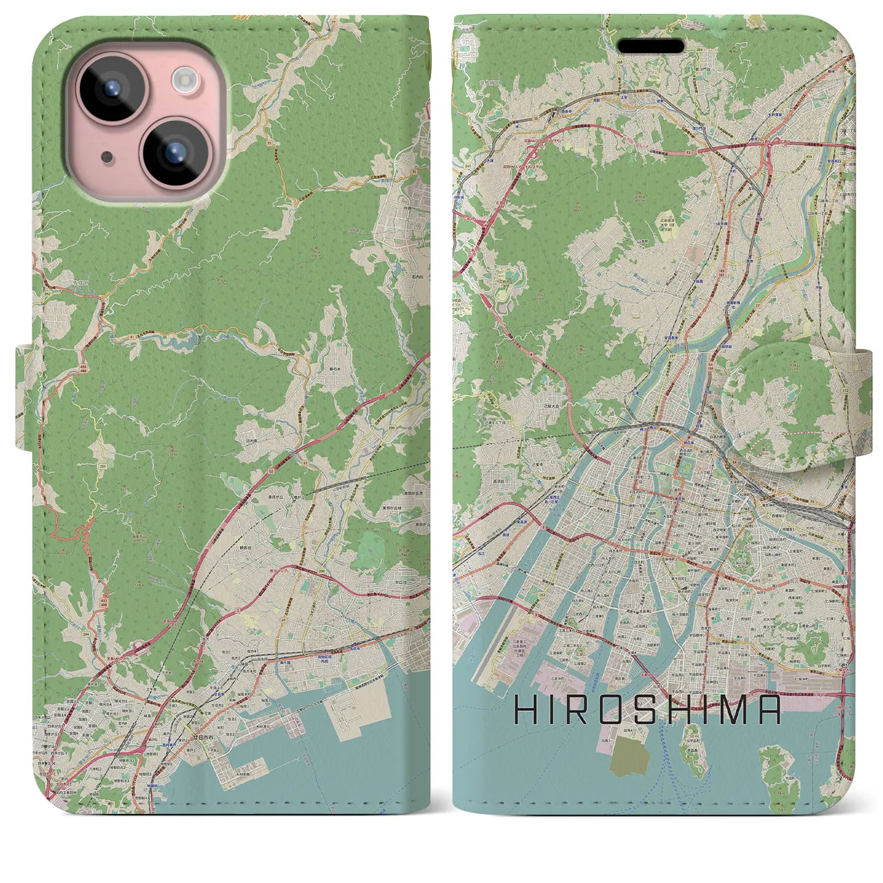 【広島】地図柄iPhoneケース（手帳両面タイプ・ナチュラル）iPhone 15 Plus 用