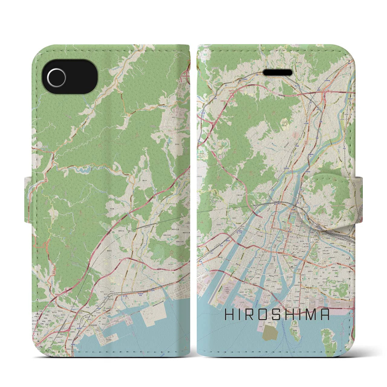 【広島】地図柄iPhoneケース（手帳両面タイプ・ナチュラル）iPhone SE（第3 / 第2世代） / 8 / 7 / 6s / 6 用