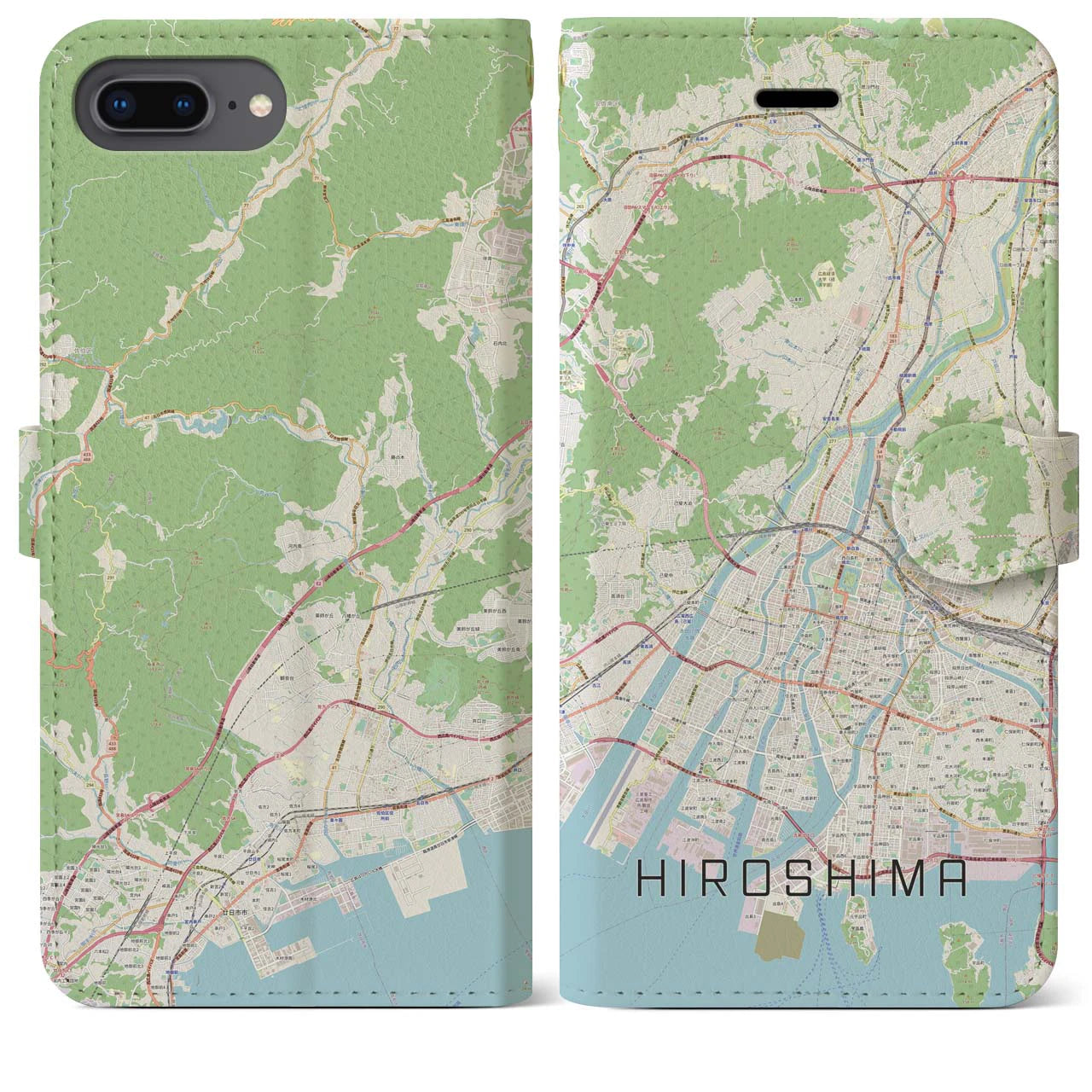 【広島】地図柄iPhoneケース（手帳両面タイプ・ナチュラル）iPhone 8Plus /7Plus / 6sPlus / 6Plus 用