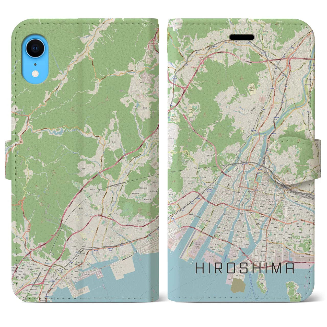 【広島】地図柄iPhoneケース（手帳両面タイプ・ナチュラル）iPhone XR 用