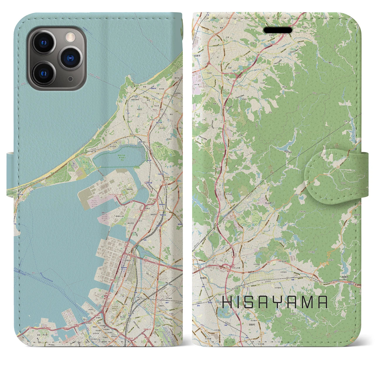 【久山】地図柄iPhoneケース（手帳両面タイプ・ナチュラル）iPhone 11 Pro Max 用