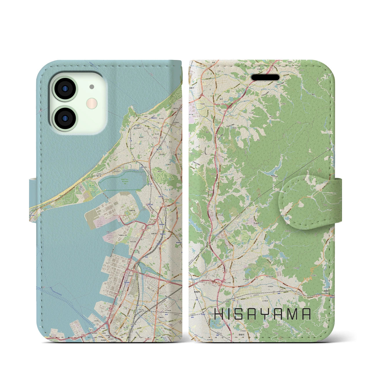 【久山】地図柄iPhoneケース（手帳両面タイプ・ナチュラル）iPhone 12 mini 用