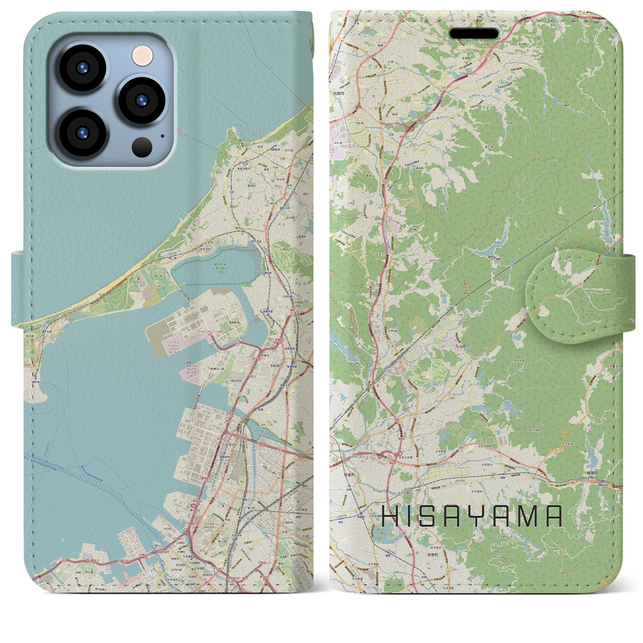 【久山】地図柄iPhoneケース（手帳両面タイプ・ナチュラル）iPhone 13 Pro Max 用