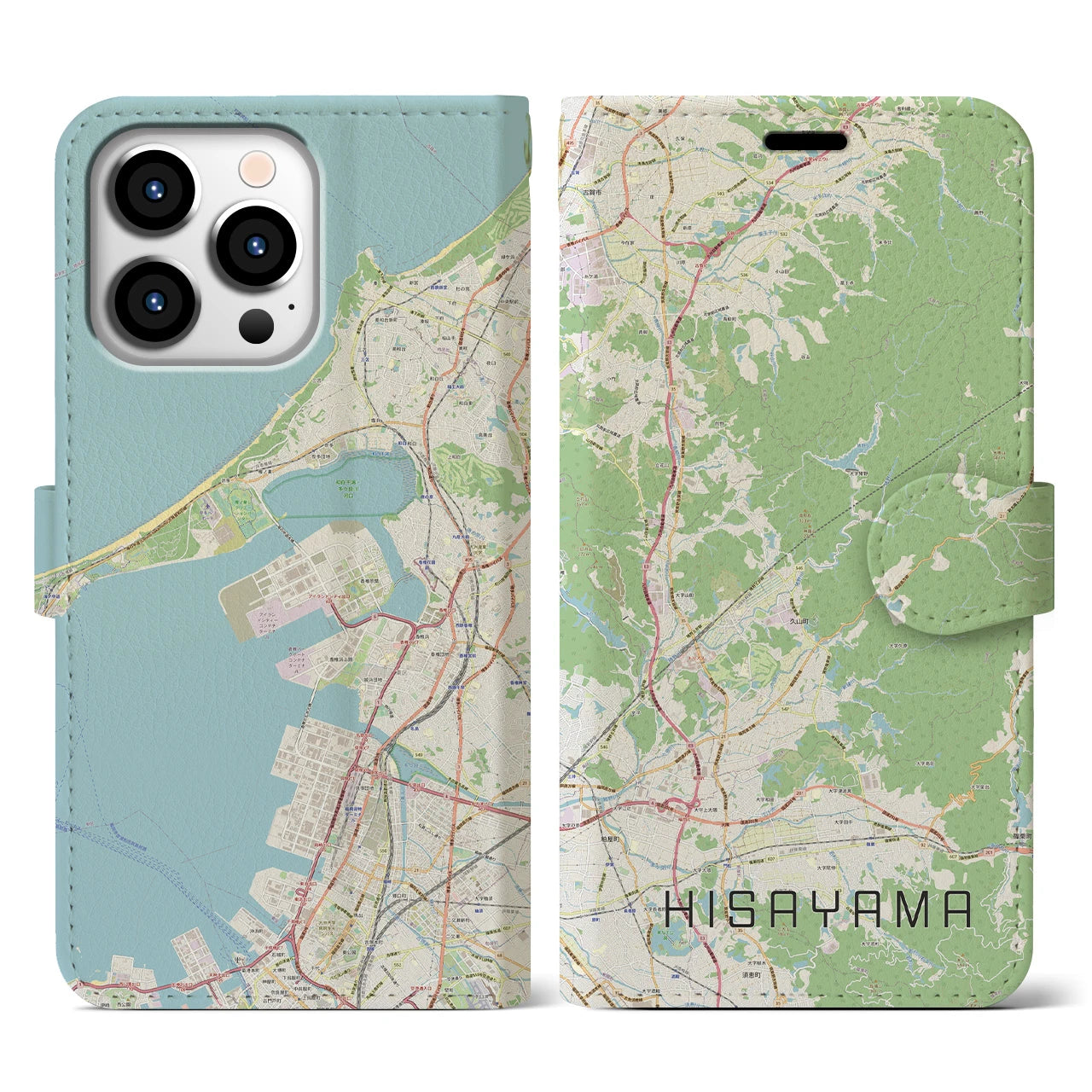 【久山】地図柄iPhoneケース（手帳両面タイプ・ナチュラル）iPhone 13 Pro 用