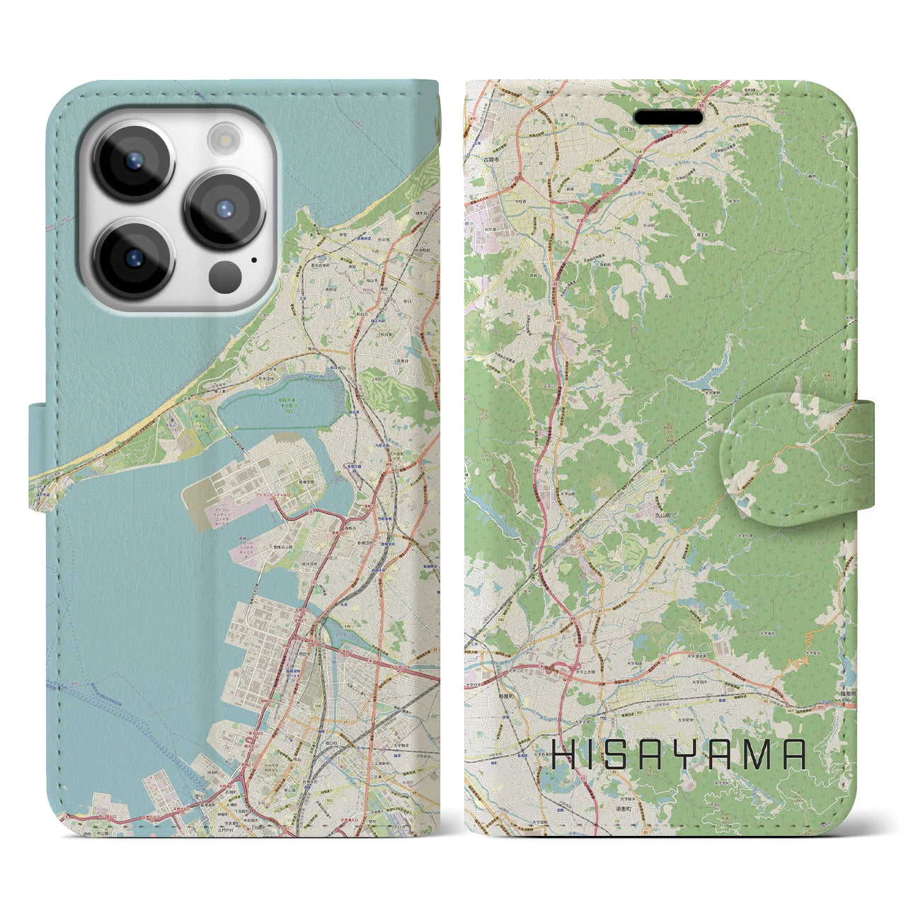 【久山】地図柄iPhoneケース（手帳両面タイプ・ナチュラル）iPhone 14 Pro 用