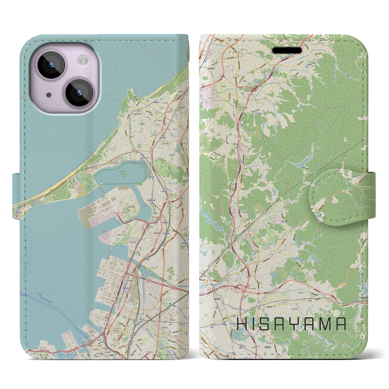 【久山】地図柄iPhoneケース（手帳両面タイプ・ナチュラル）iPhone 14 用