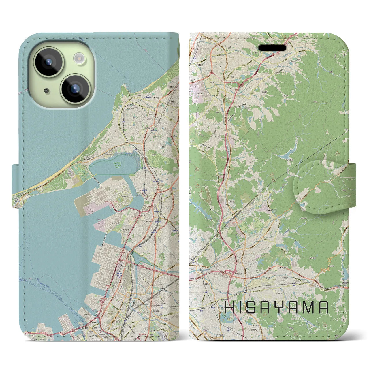 【久山】地図柄iPhoneケース（手帳両面タイプ・ナチュラル）iPhone 15 用