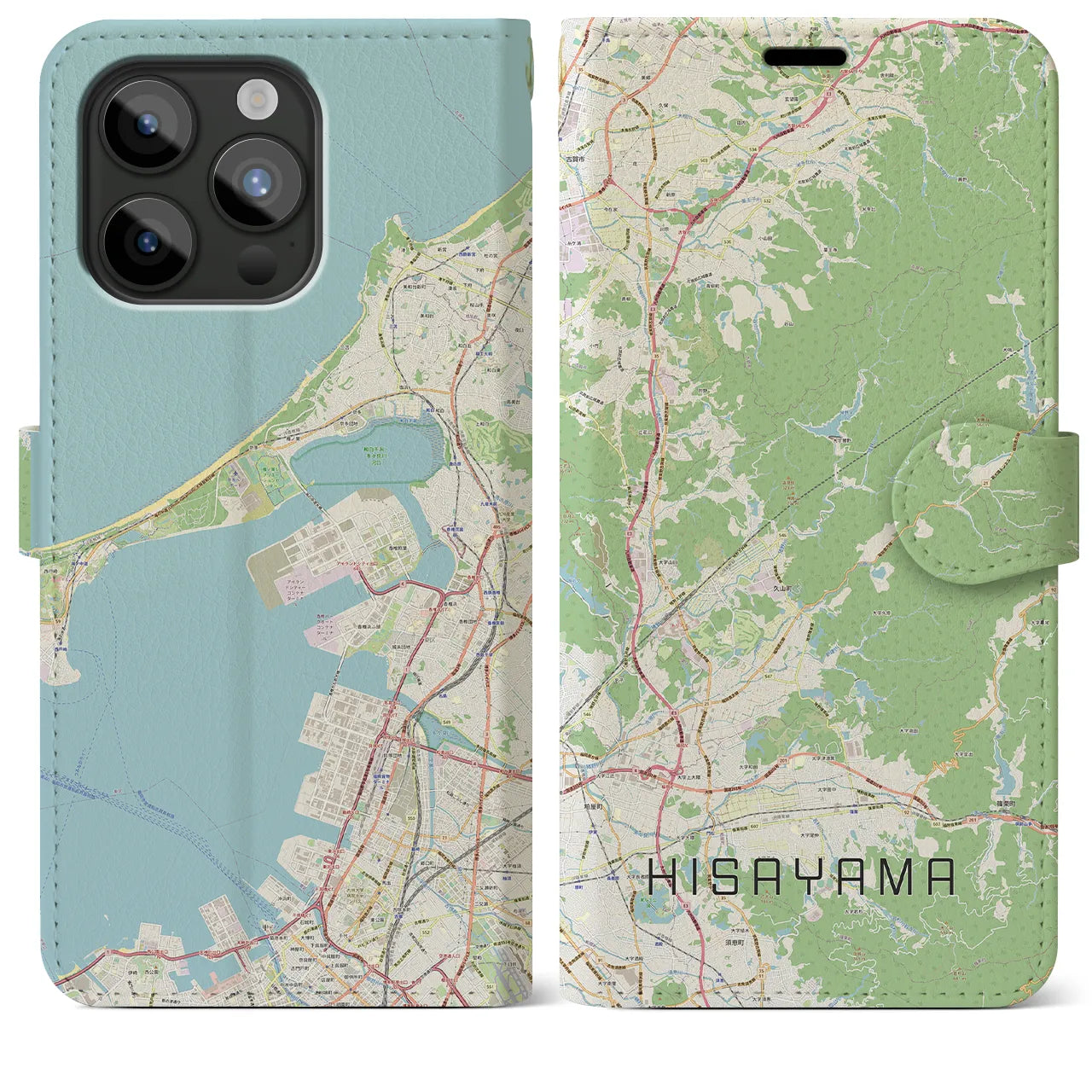 【久山】地図柄iPhoneケース（手帳両面タイプ・ナチュラル）iPhone 15 Pro Max 用