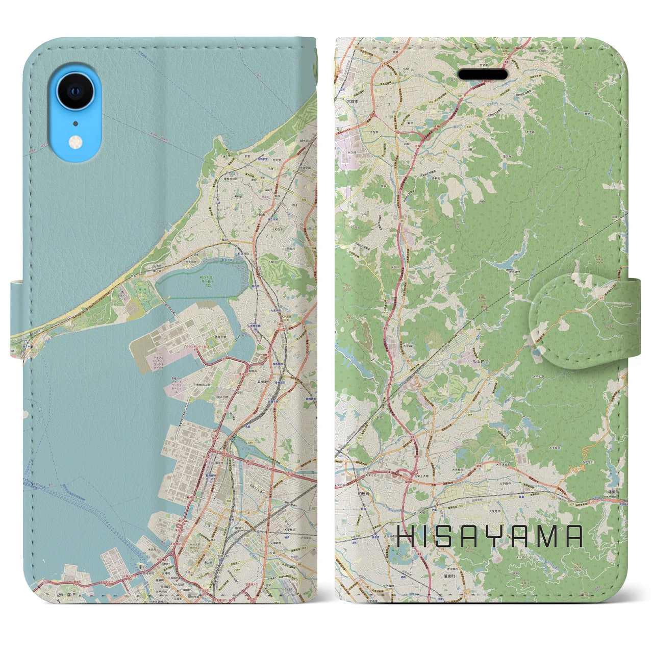 【久山】地図柄iPhoneケース（手帳両面タイプ・ナチュラル）iPhone XR 用