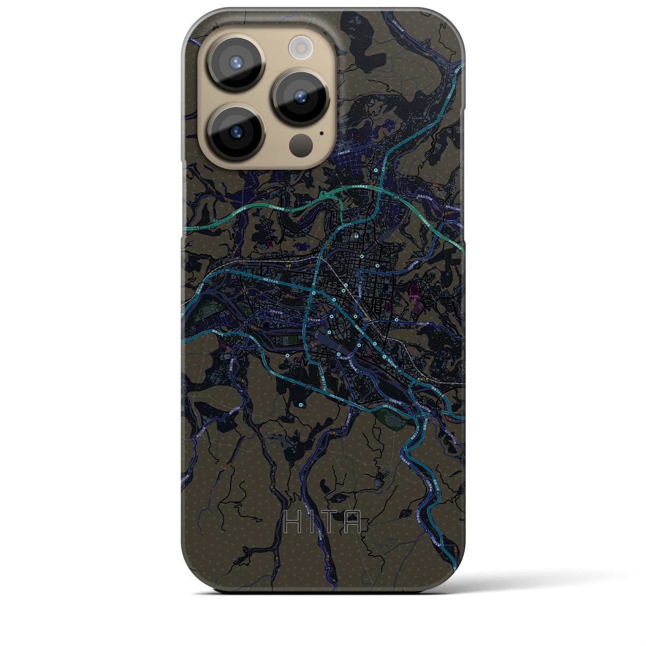 【日田2】地図柄iPhoneケース（バックカバータイプ・ブラック）iPhone 14 Pro Max 用