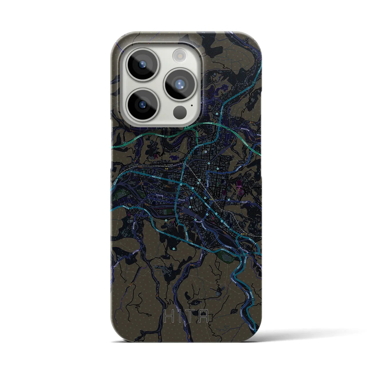 【日田2】地図柄iPhoneケース（バックカバータイプ・ブラック）iPhone 15 Pro 用