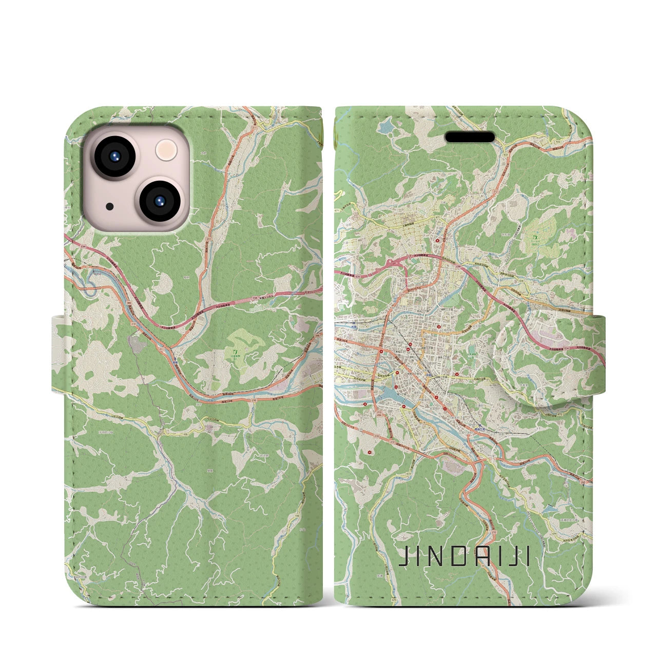 【日田2】地図柄iPhoneケース（手帳両面タイプ・ナチュラル）iPhone 13 mini 用