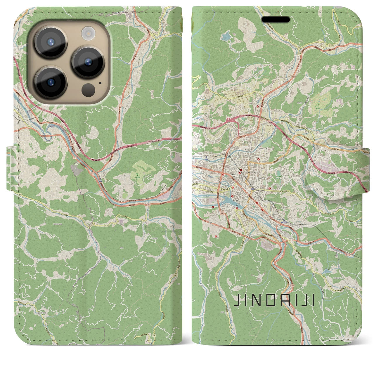【日田2】地図柄iPhoneケース（手帳両面タイプ・ナチュラル）iPhone 14 Pro Max 用