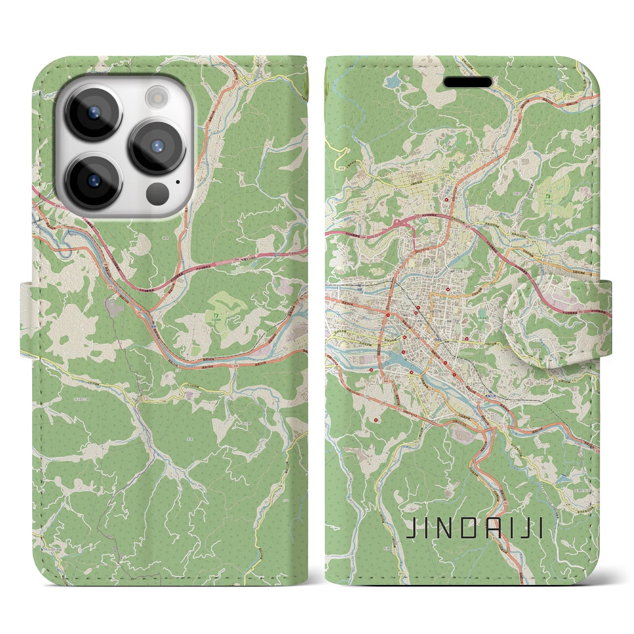 【日田2】地図柄iPhoneケース（手帳両面タイプ・ナチュラル）iPhone 14 Pro 用