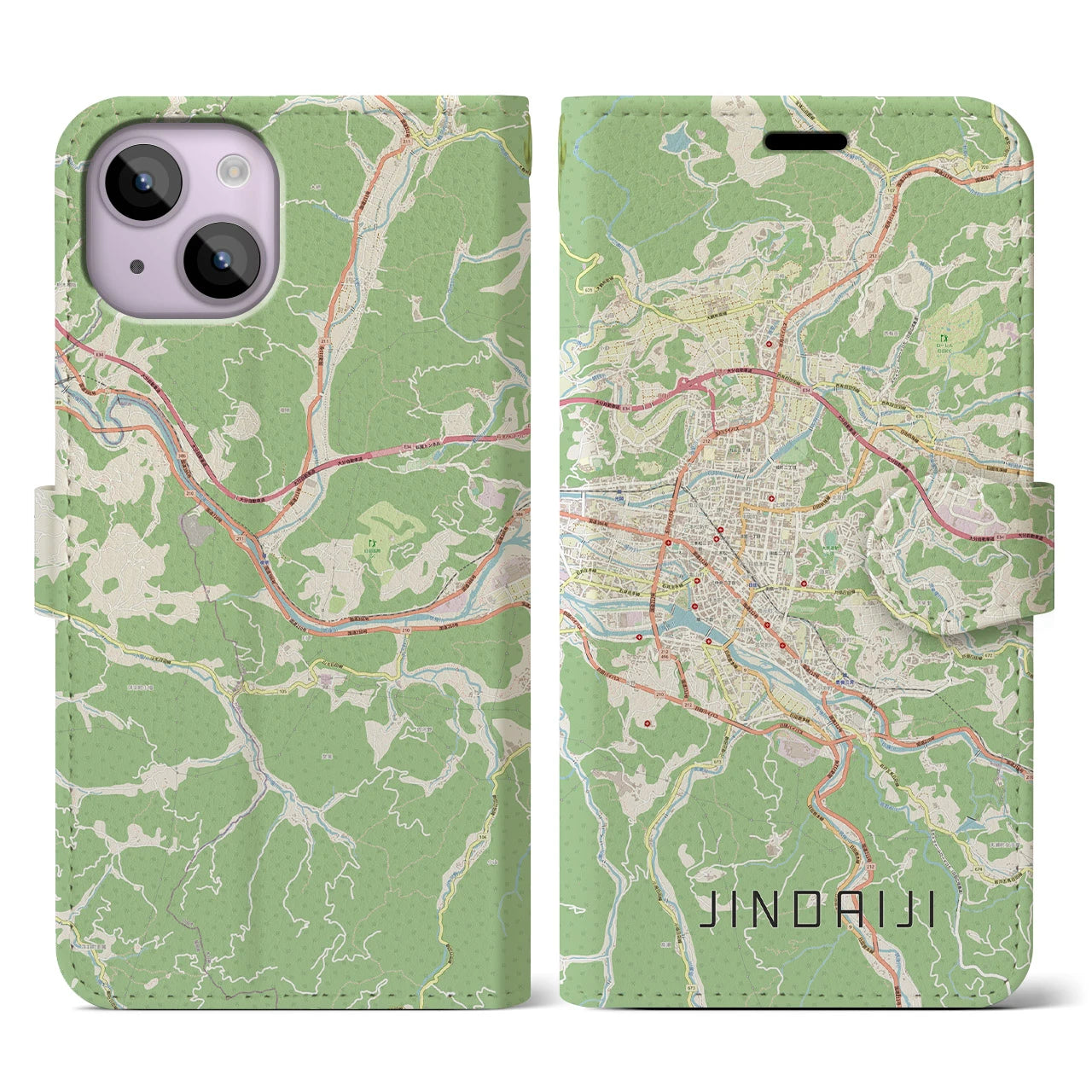 【日田2】地図柄iPhoneケース（手帳両面タイプ・ナチュラル）iPhone 14 用