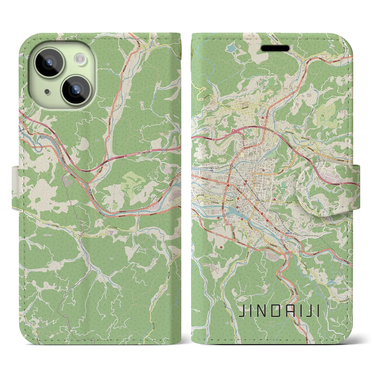 【日田2】地図柄iPhoneケース（手帳両面タイプ・ナチュラル）iPhone 15 用