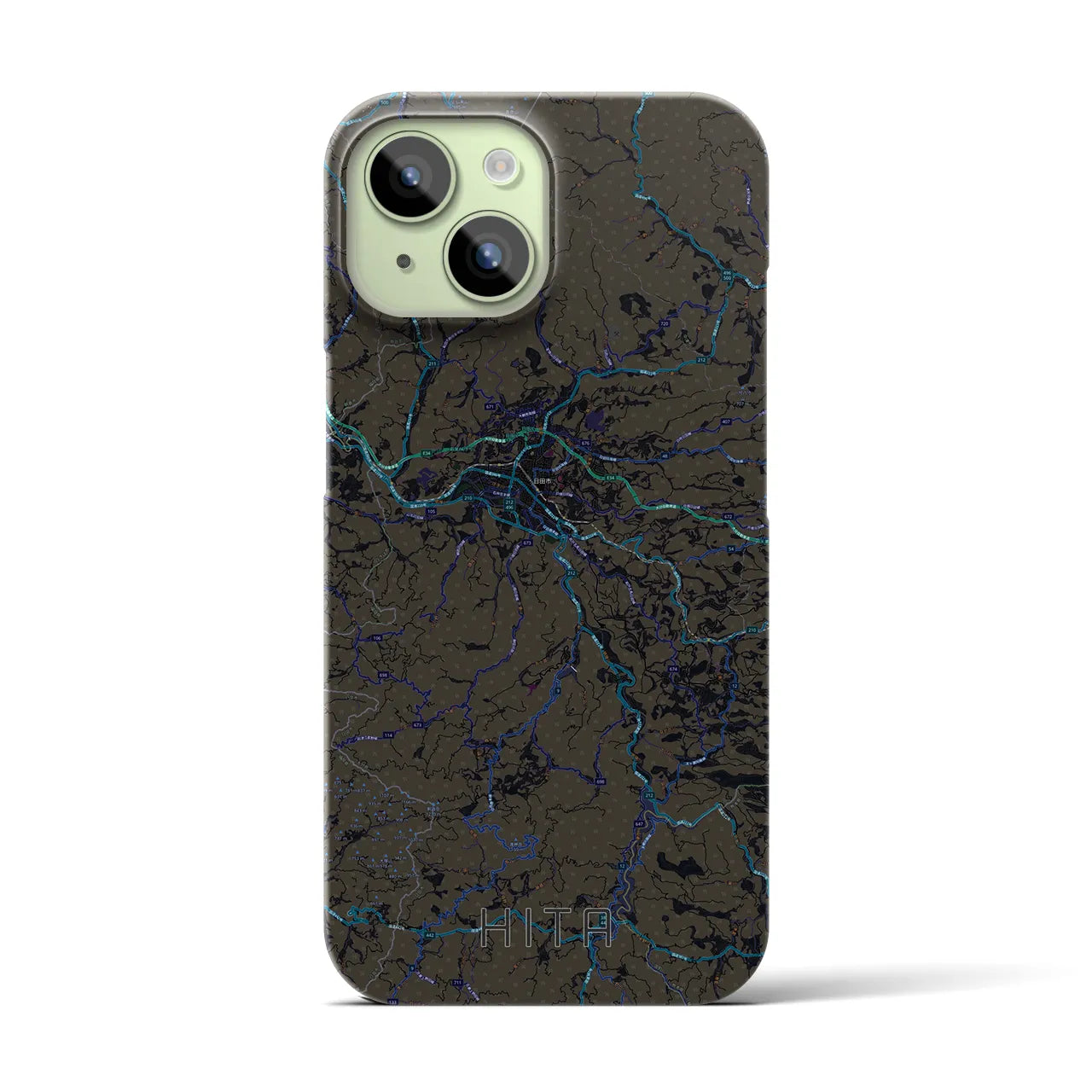 【日田】地図柄iPhoneケース（バックカバータイプ・ブラック）iPhone 15 用