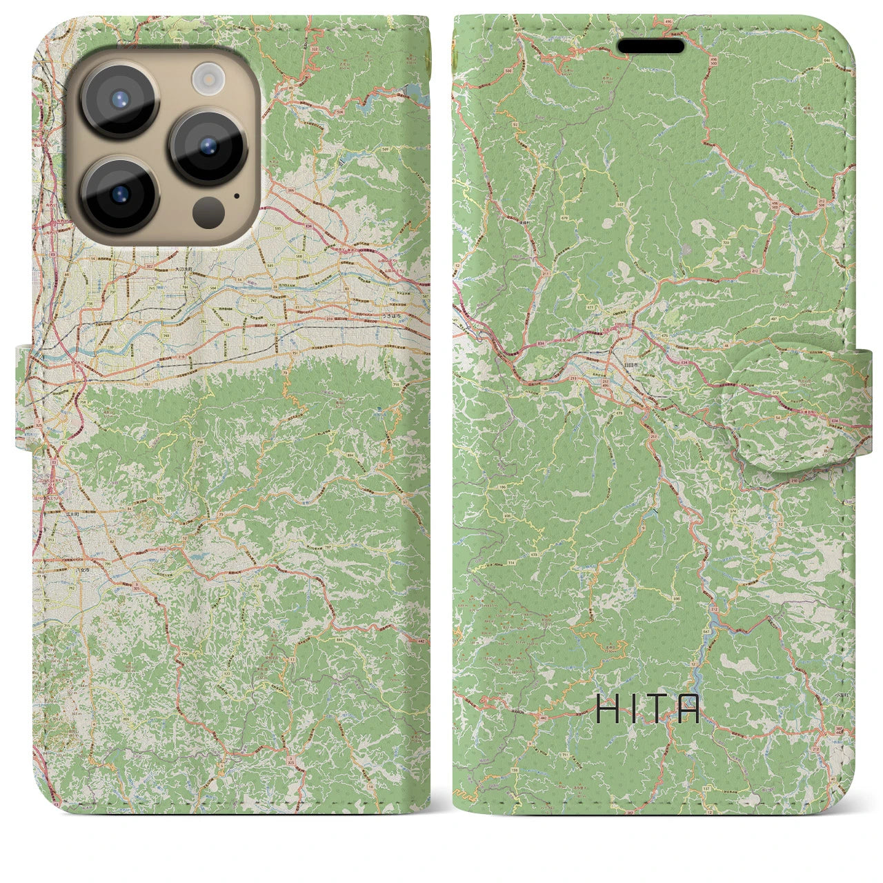 【日田】地図柄iPhoneケース（手帳両面タイプ・ナチュラル）iPhone 14 Pro Max 用