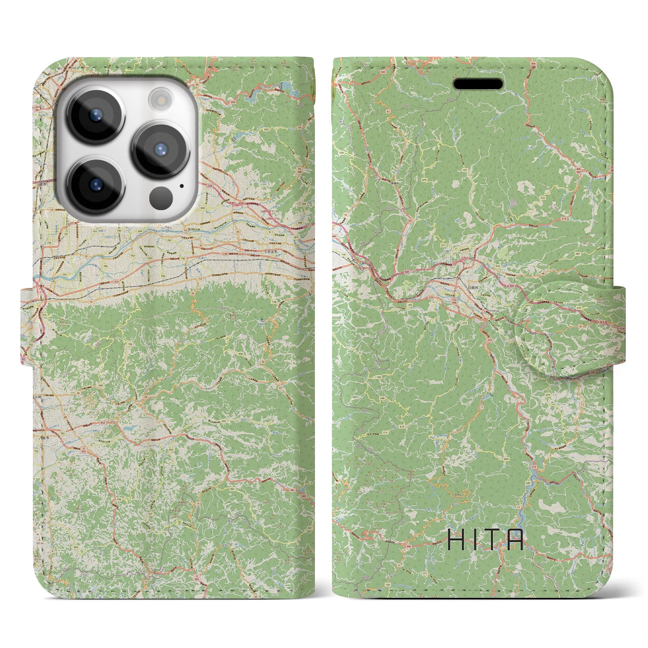 【日田】地図柄iPhoneケース（手帳両面タイプ・ナチュラル）iPhone 14 Pro 用