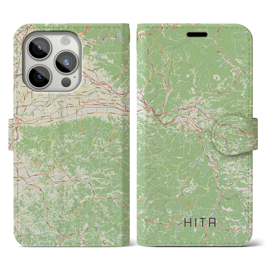 【日田】地図柄iPhoneケース（手帳両面タイプ・ナチュラル）iPhone 15 Pro 用