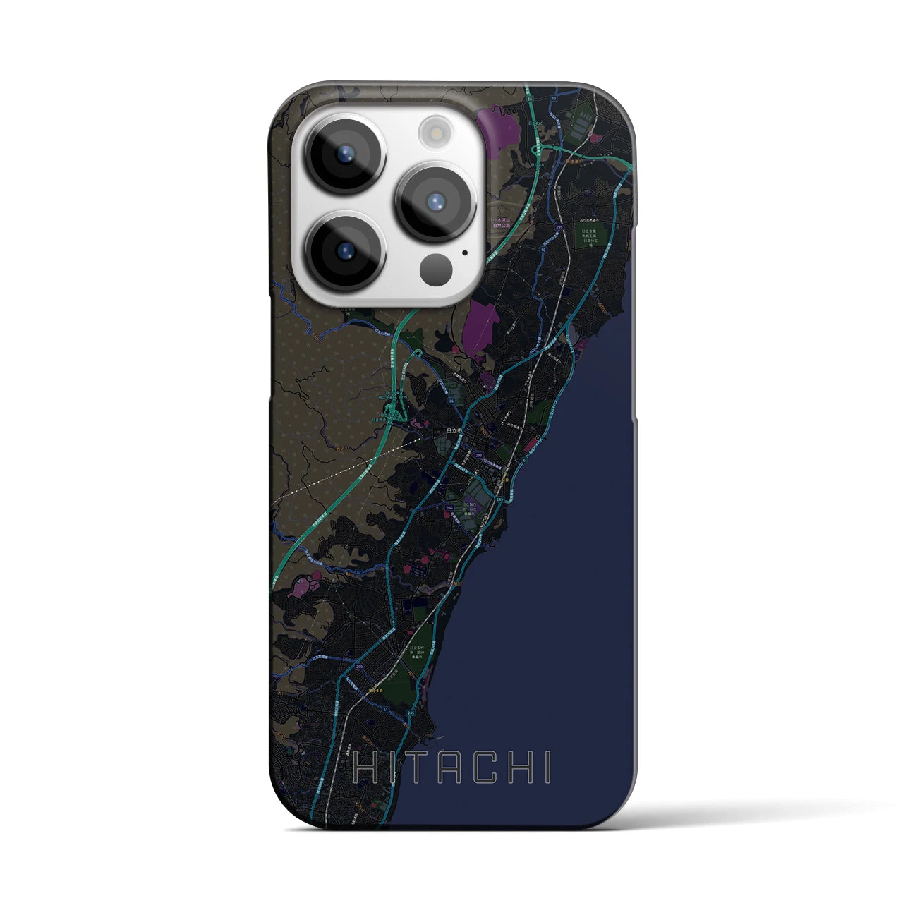 【日立】地図柄iPhoneケース（バックカバータイプ・ブラック）iPhone 14 Pro 用