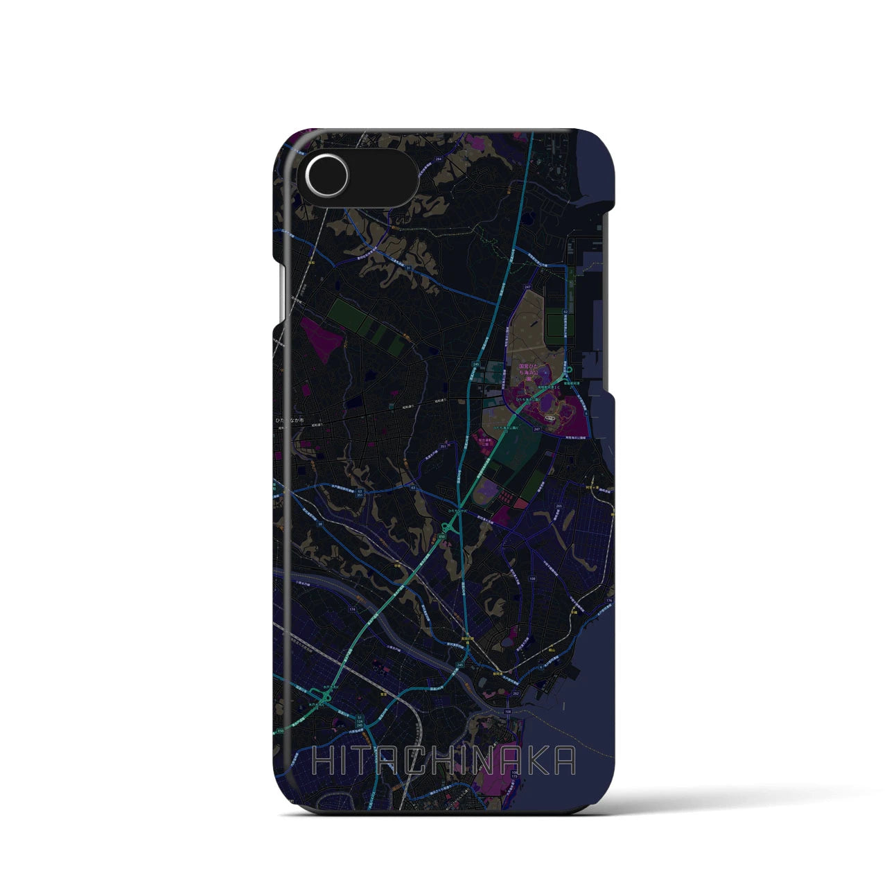 【ひたちなか】地図柄iPhoneケース（バックカバータイプ・ブラック）iPhone SE（第3 / 第2世代） / 8 / 7 / 6s / 6 用