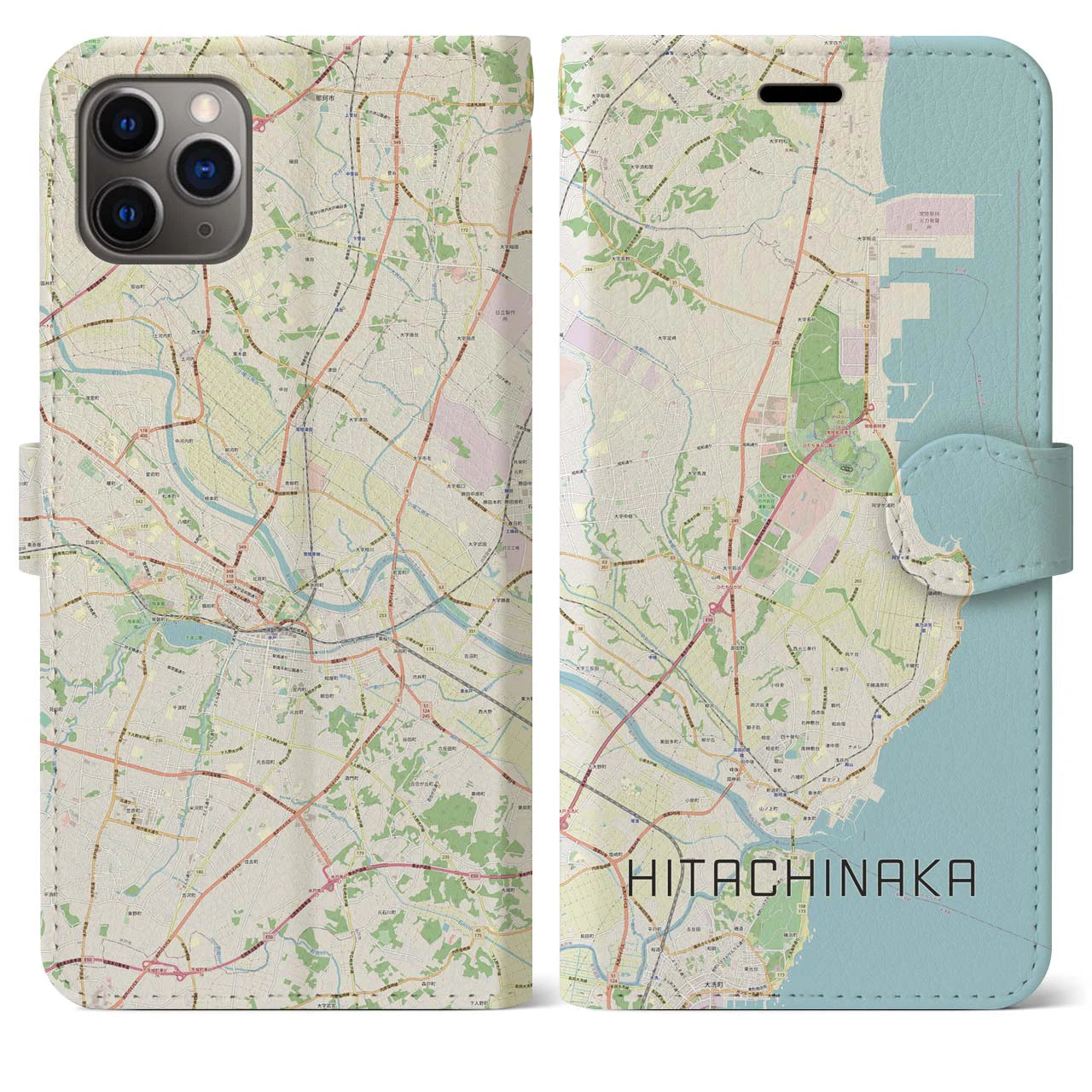 【ひたちなか】地図柄iPhoneケース（手帳両面タイプ・ナチュラル）iPhone 11 Pro Max 用