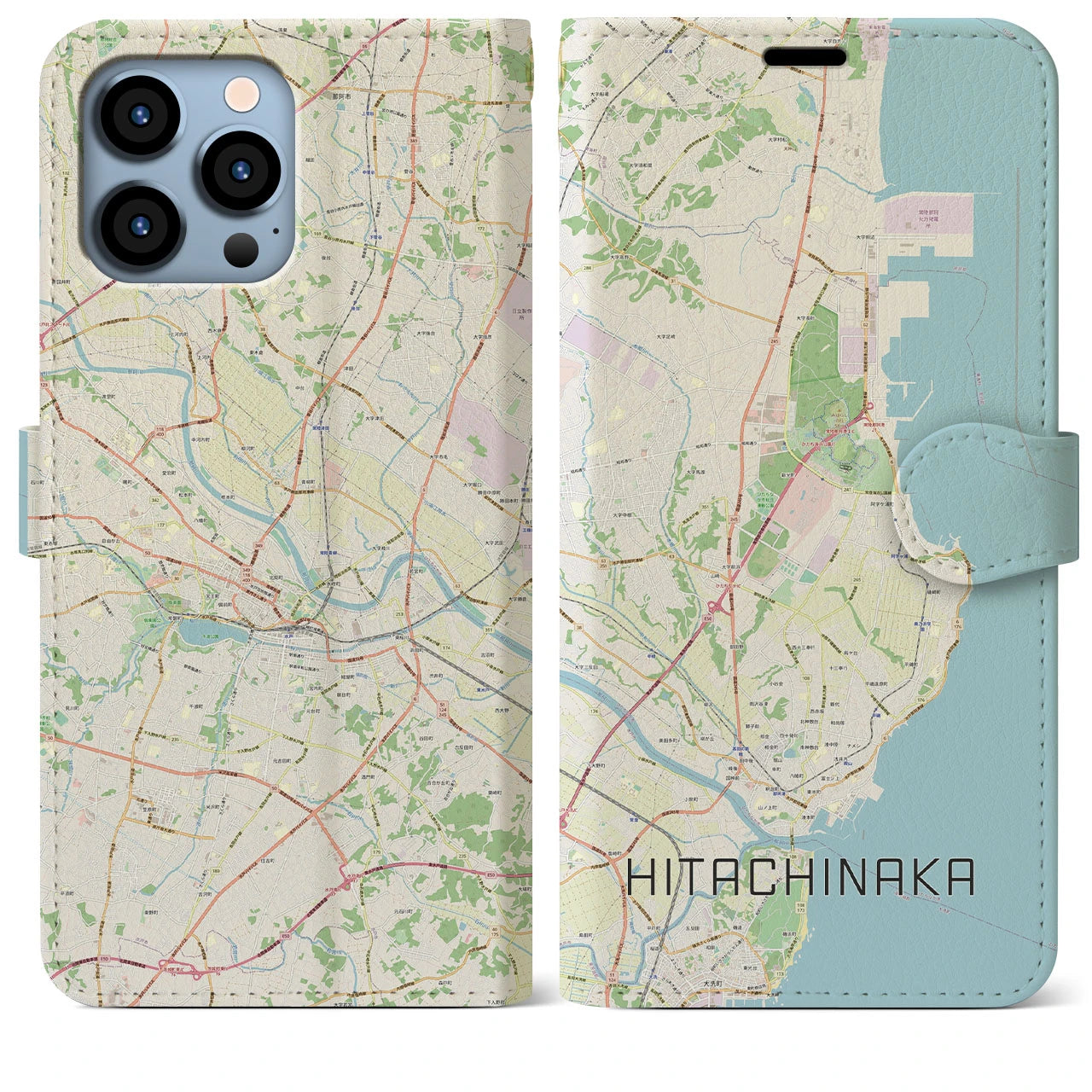 【ひたちなか】地図柄iPhoneケース（手帳両面タイプ・ナチュラル）iPhone 13 Pro Max 用