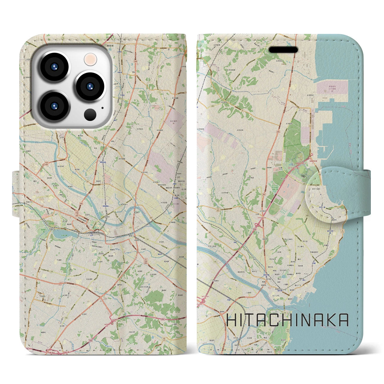 【ひたちなか】地図柄iPhoneケース（手帳両面タイプ・ナチュラル）iPhone 13 Pro 用