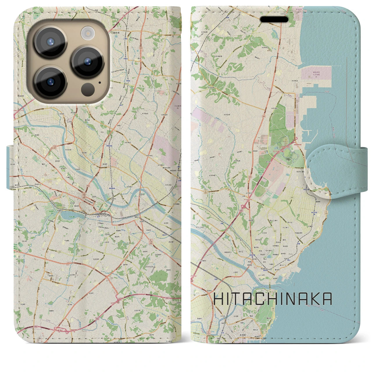 【ひたちなか】地図柄iPhoneケース（手帳両面タイプ・ナチュラル）iPhone 14 Pro Max 用