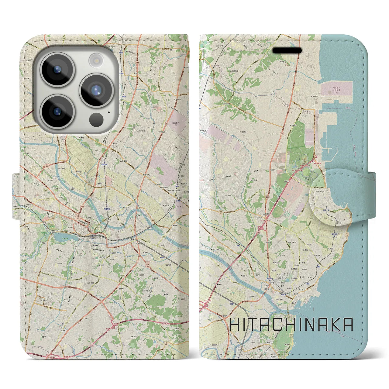 【ひたちなか】地図柄iPhoneケース（手帳両面タイプ・ナチュラル）iPhone 15 Pro 用