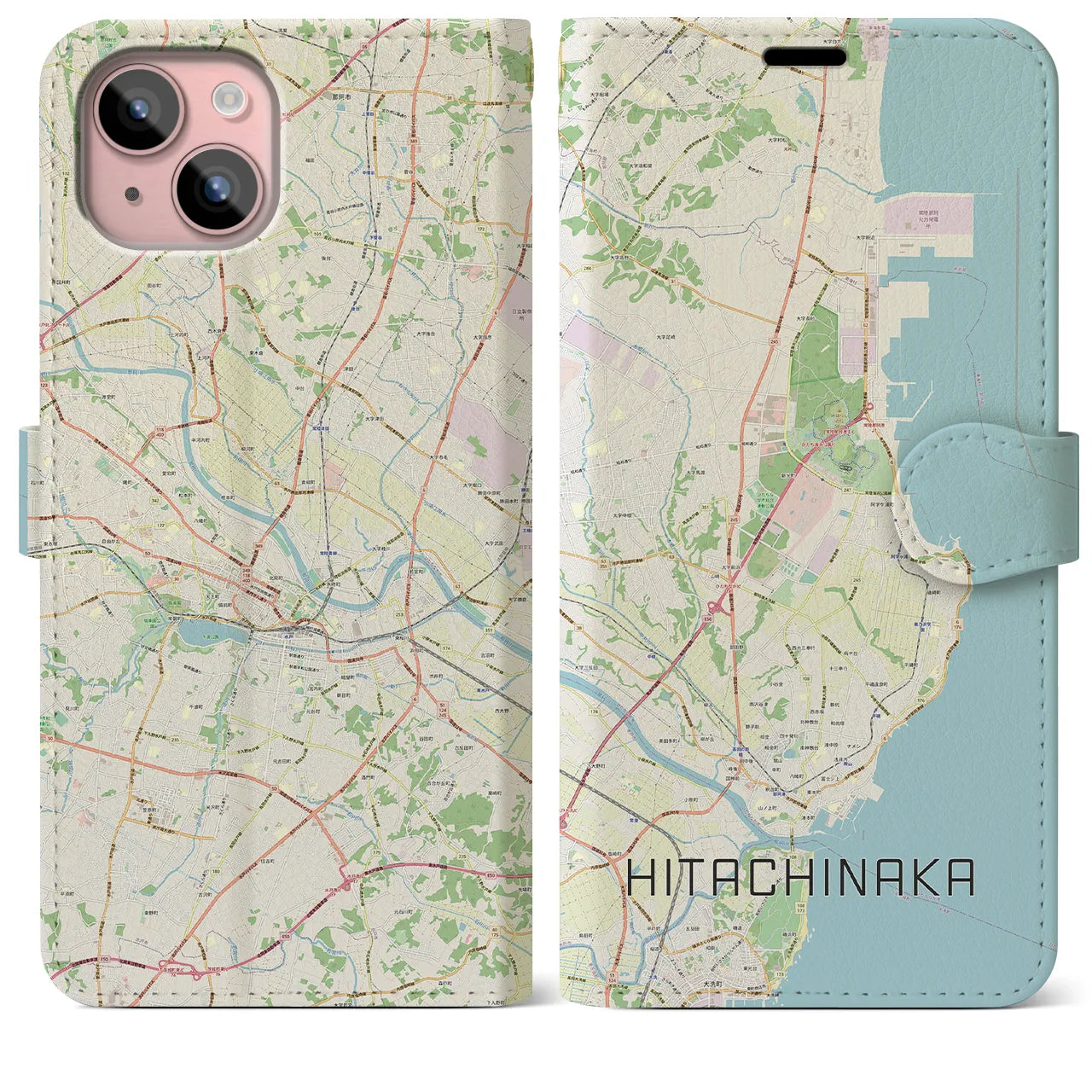 【ひたちなか】地図柄iPhoneケース（手帳両面タイプ・ナチュラル）iPhone 15 Plus 用
