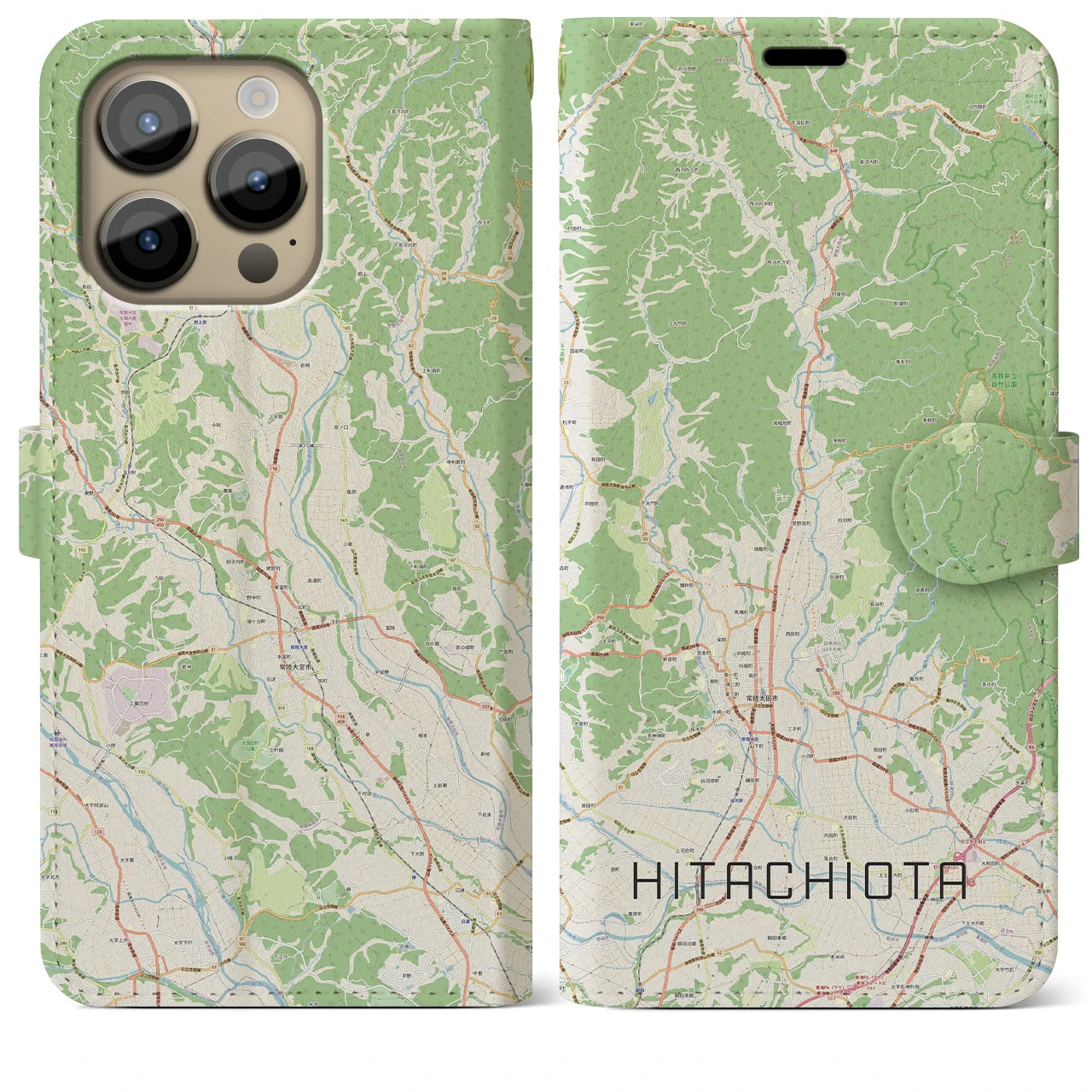 【常陸太田】地図柄iPhoneケース（手帳両面タイプ・ナチュラル）iPhone 14 Pro Max 用