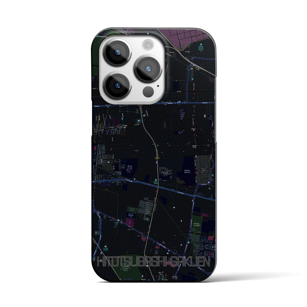 【一橋学園】地図柄iPhoneケース（バックカバータイプ・ブラック）iPhone 14 Pro 用