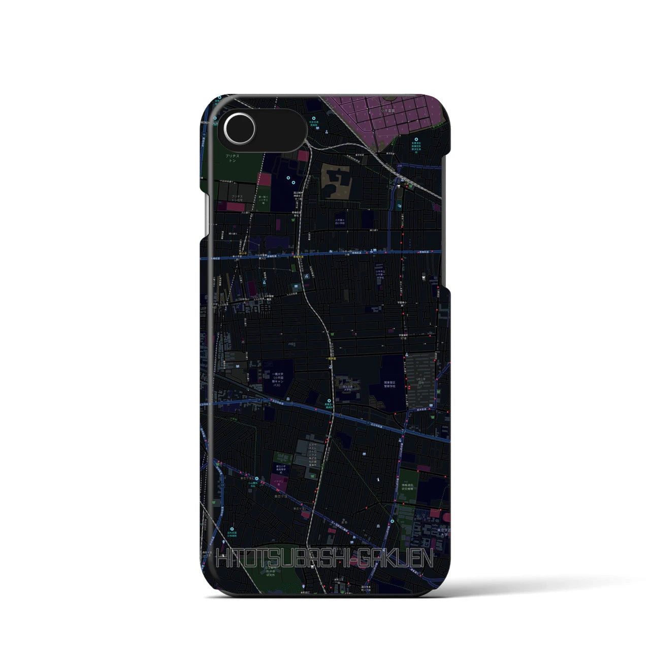 【一橋学園】地図柄iPhoneケース（バックカバータイプ・ブラック）iPhone SE（第3 / 第2世代） / 8 / 7 / 6s / 6 用