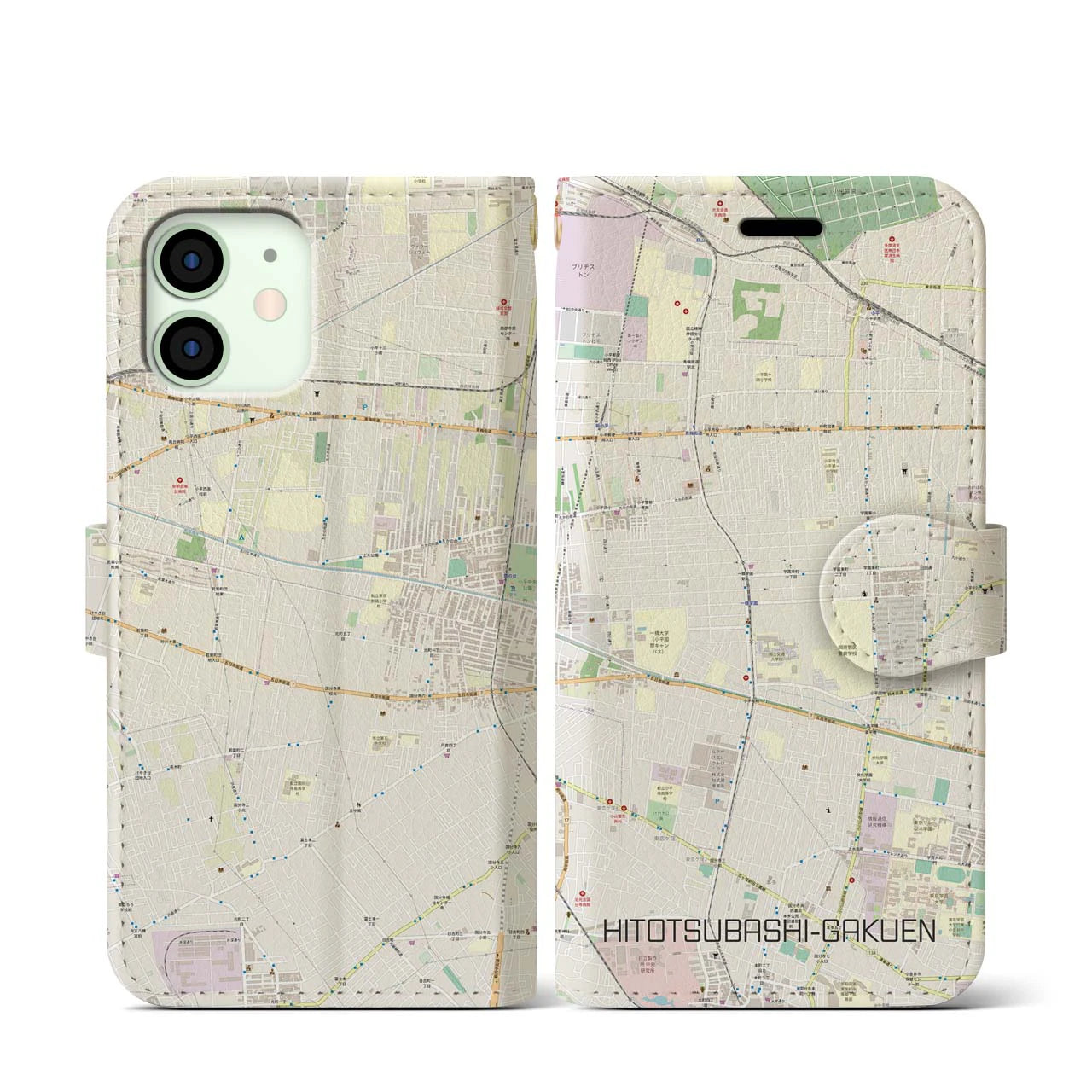 【一橋学園】地図柄iPhoneケース（手帳両面タイプ・ナチュラル）iPhone 12 mini 用