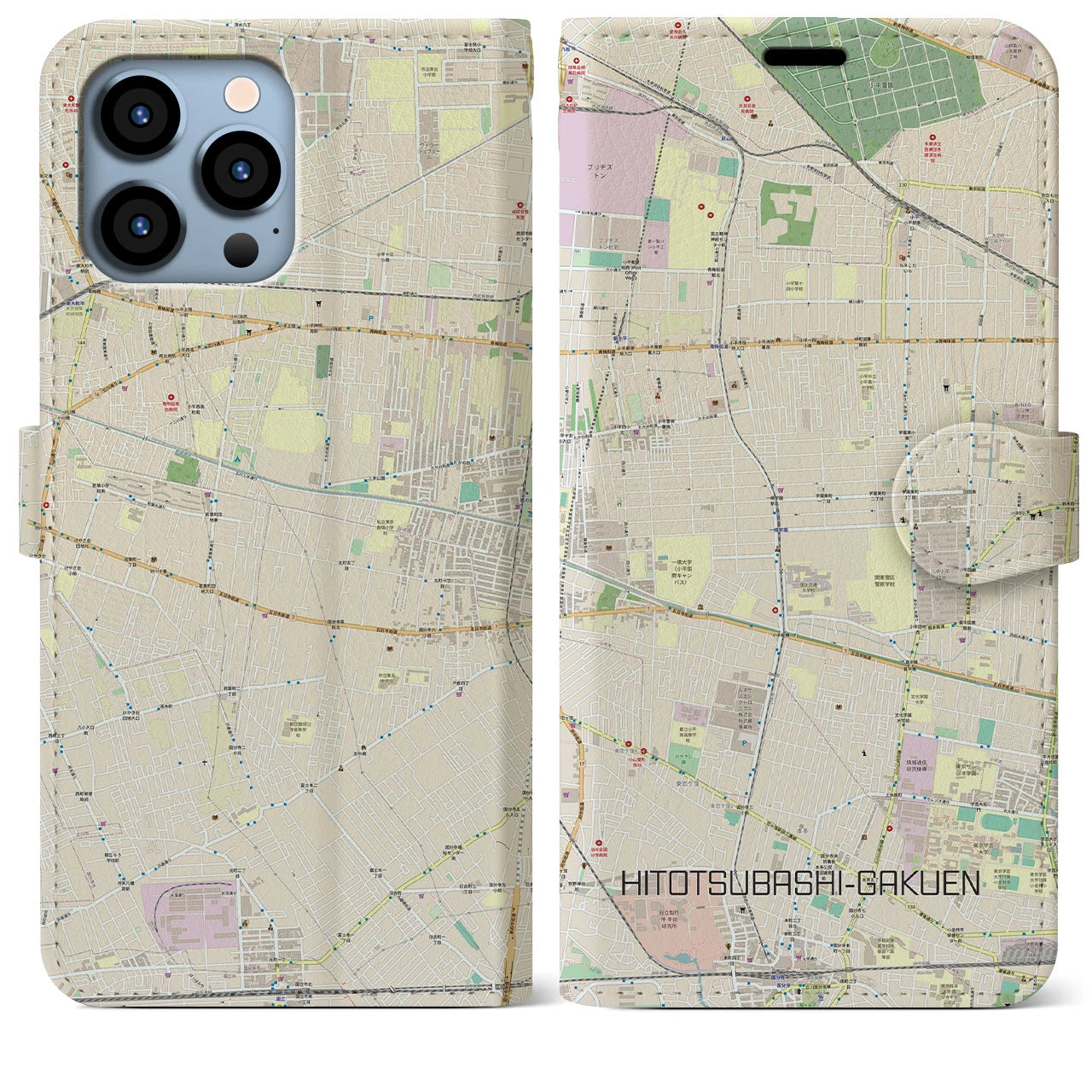 【一橋学園】地図柄iPhoneケース（手帳両面タイプ・ナチュラル）iPhone 13 Pro Max 用