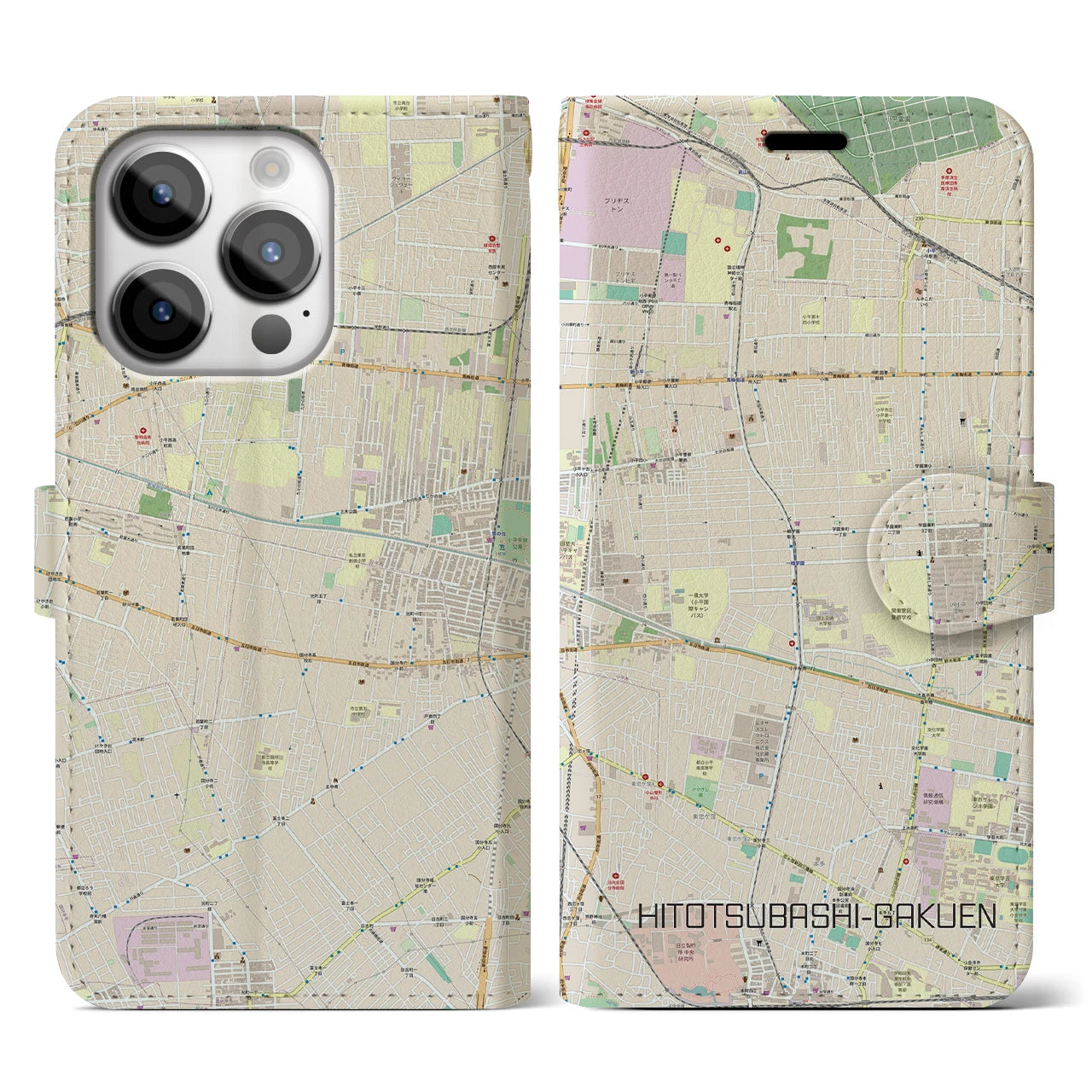 【一橋学園】地図柄iPhoneケース（手帳両面タイプ・ナチュラル）iPhone 14 Pro 用
