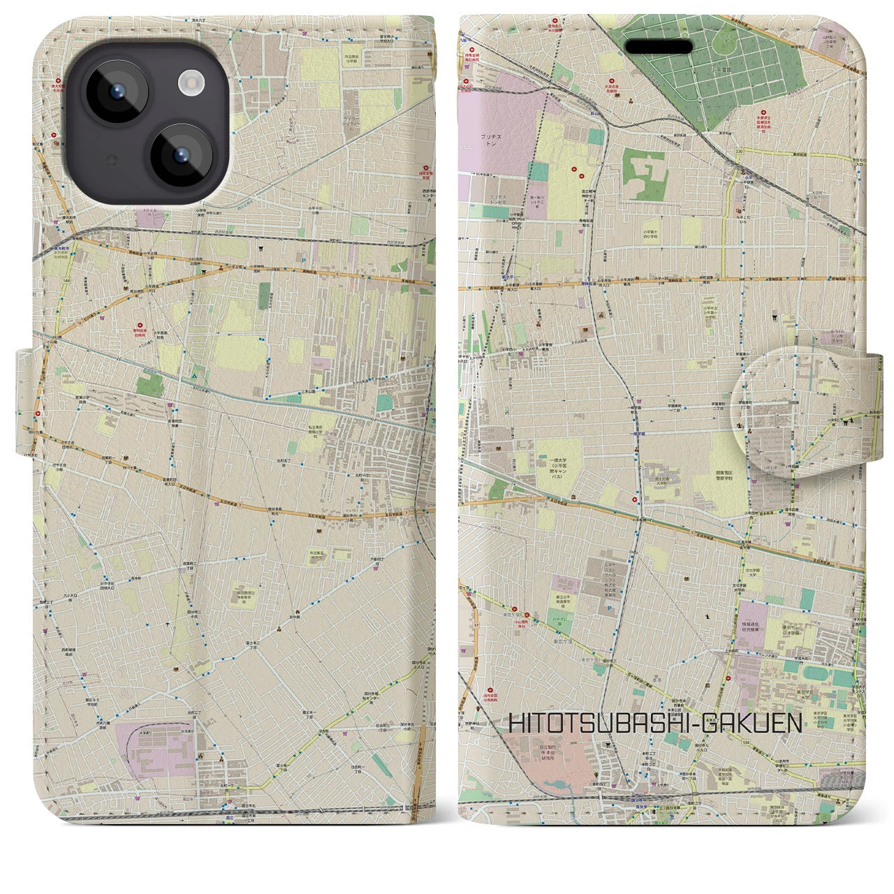 【一橋学園】地図柄iPhoneケース（手帳両面タイプ・ナチュラル）iPhone 14 Plus 用
